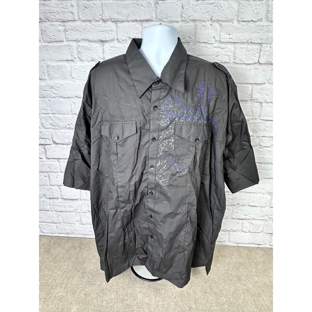 VTG Praga Mens 5XL Black Gothic Cross Redemption Embroidered Short‎ Sleeve Shirt